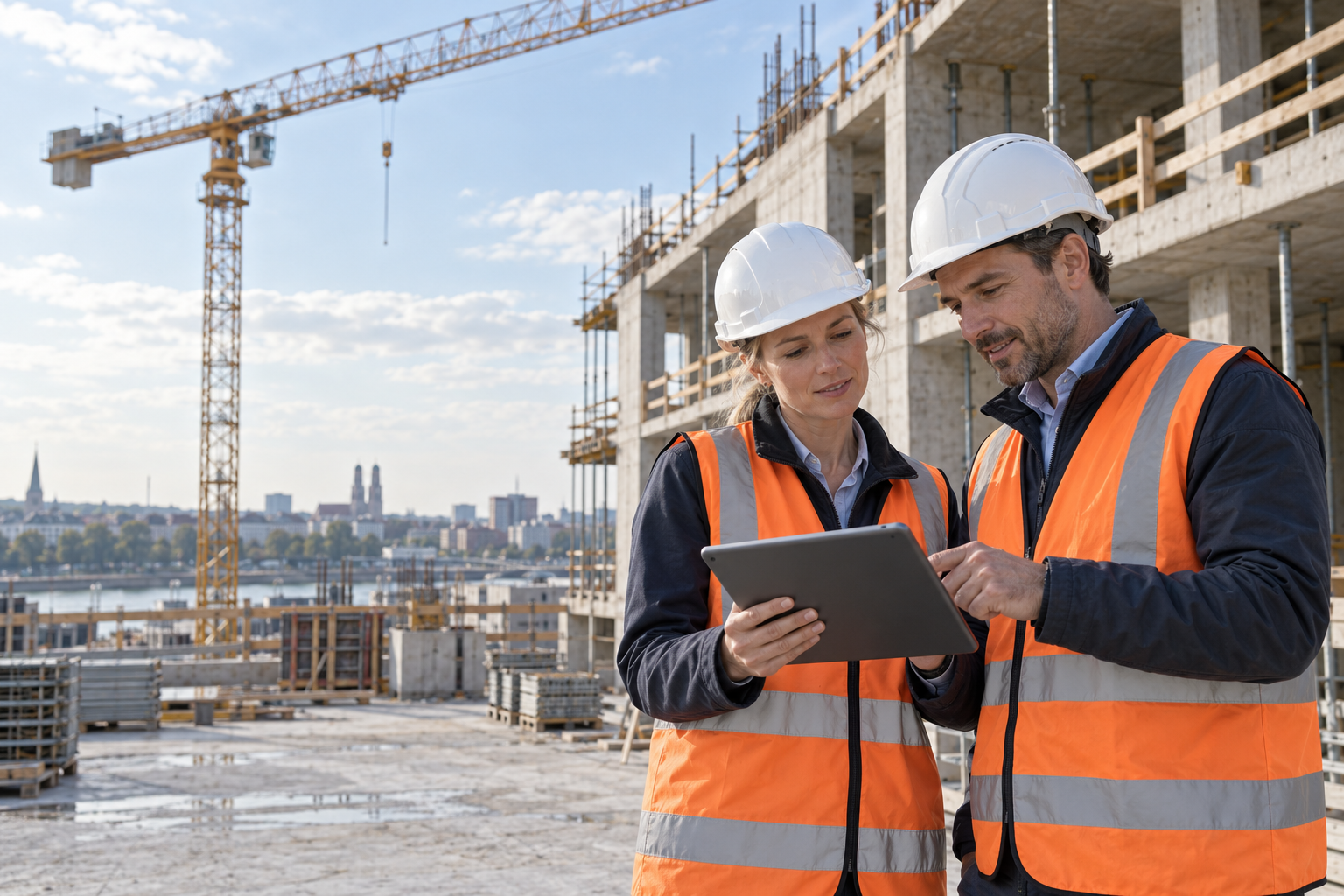 Zwei Personen der Bauleitung prüfen ein Tablet auf einer Baustelle. Illustratives KI-generiertes Motiv.